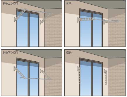 物干し竿を挿したまま角度の変更や収納ができる屋外ベランダ窓壁付け物干し(ホスクリーン)
