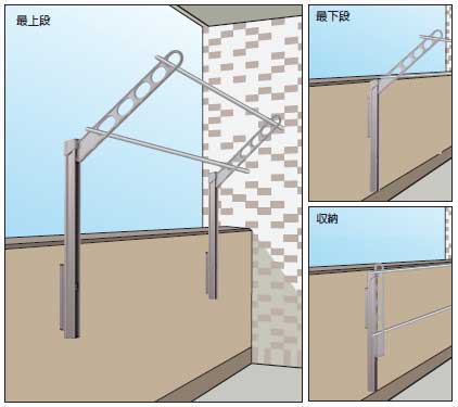 物干し竿をかけたまま高さの調整や収納ができる屋外ベランダ物干し(ホスクリーン)