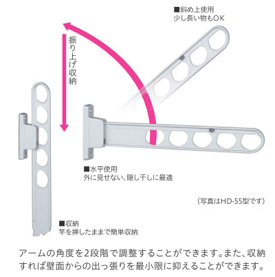 物干し竿をかけたまま角度の調整や収納ができる屋外ベランダ物干し(ホスクリーン)