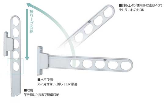 物干し竿をかけたまま角度の調整や収納ができる屋外ベランダ物干し(ホスクリーン)