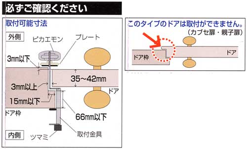 簡易補助錠(鍵)物件管理ロック取付け可能ドアサイズ