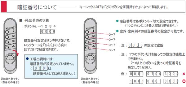 暗証番号式補助錠(鍵)キーレックス暗証番号について