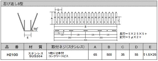 忍び返し(屋外用防犯)8型サイズ