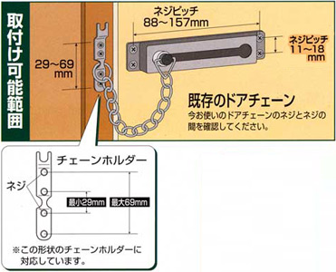 簡易補助錠(鍵)の取替え用ドアチェーン取替え可能サイズ