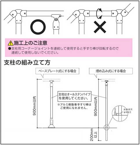 浴室屋外に取り付け可能な手すり部品アクア手すり支柱用コーナージョイント(継ぎ手)施工上の注意