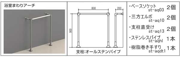 浴室に取付可能な手すり部品セット-浴室まわりアーチ