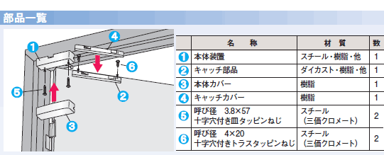 室内開き扉用ドアクローザー部品一覧