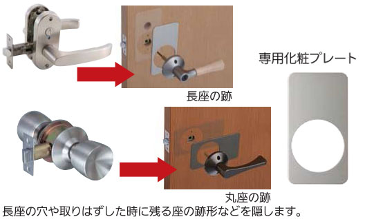 長座のドアノブやレバーハンドルからの取替に便利な化粧プレート