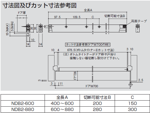 室内開きドア用エアタイト(すき間ふさぎ)ボトムタイトナーサイズ